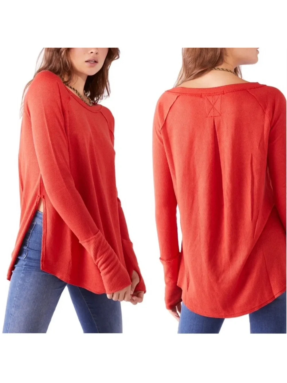 Free People Snowy Thermal Knit Long Sleeve Heatwave Orange Top